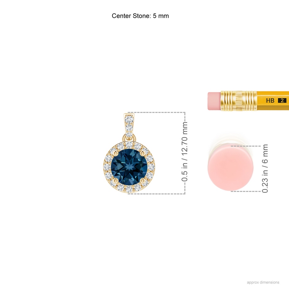 5mm AAAA Round London Blue Topaz Dangle Pendant with Diamond Halo in Yellow Gold ruler
