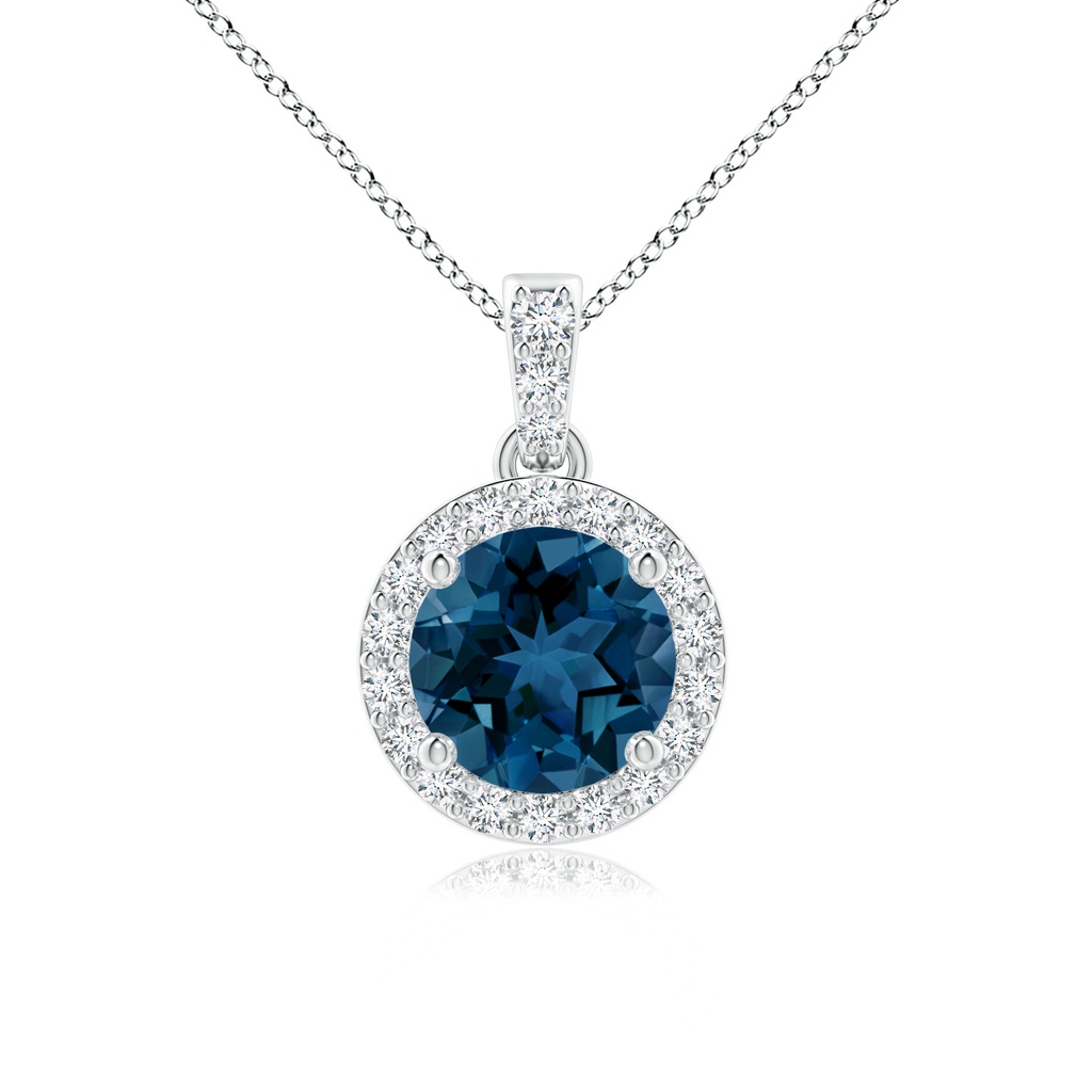 6mm AAA Round London Blue Topaz Dangle Pendant with Diamond Halo in White Gold