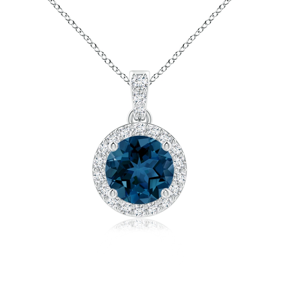 6mm AAA Round London Blue Topaz Dangle Pendant with Diamond Halo in White Gold 