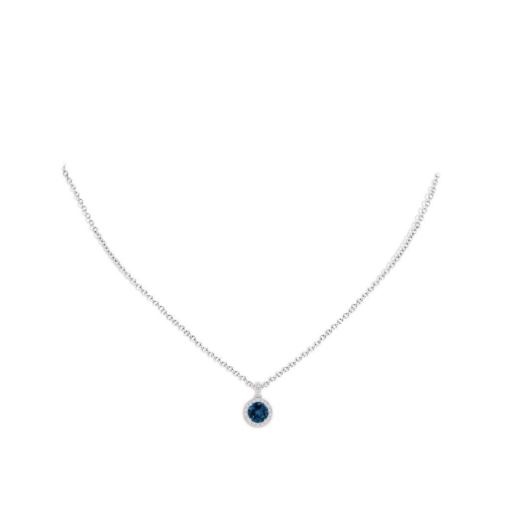 6mm AAA Round London Blue Topaz Dangle Pendant with Diamond Halo in White Gold Body-Neck
