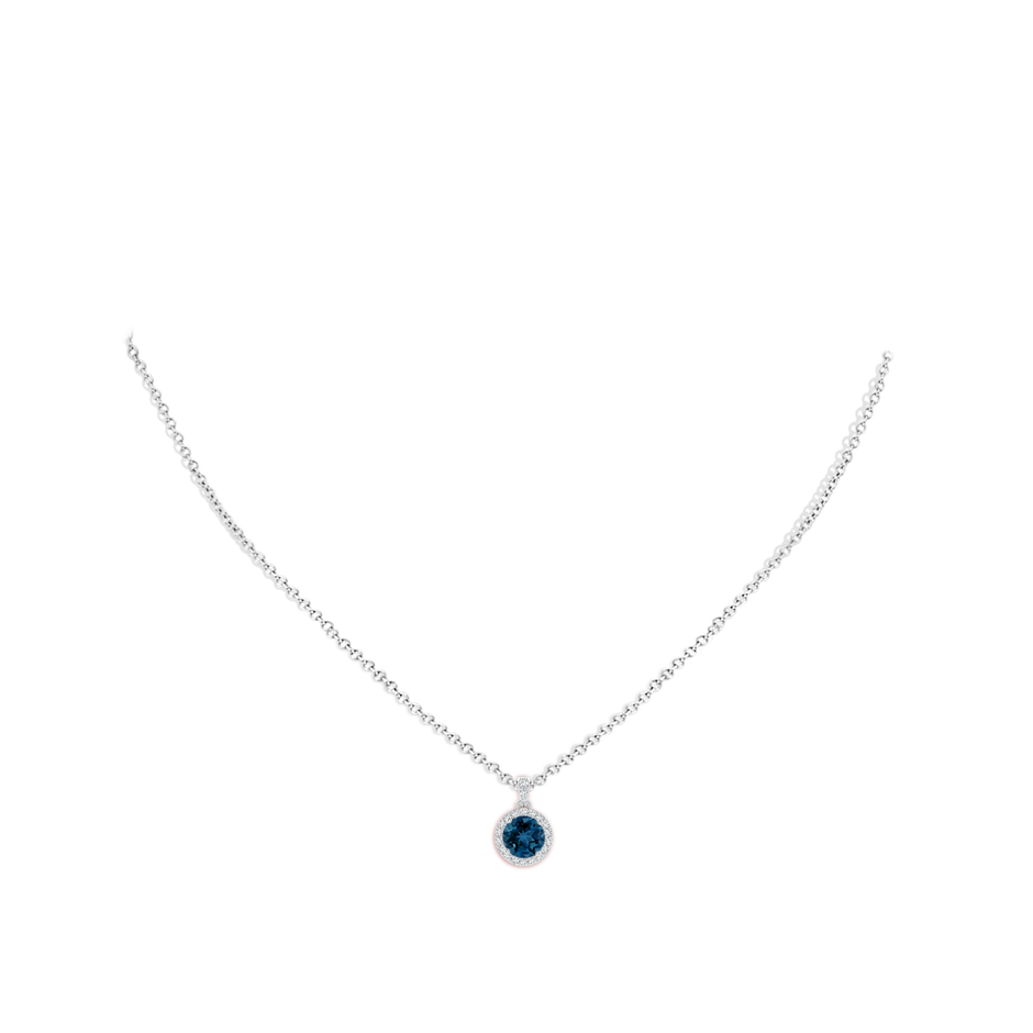 6mm AAA Round London Blue Topaz Dangle Pendant with Diamond Halo in White Gold body-neck