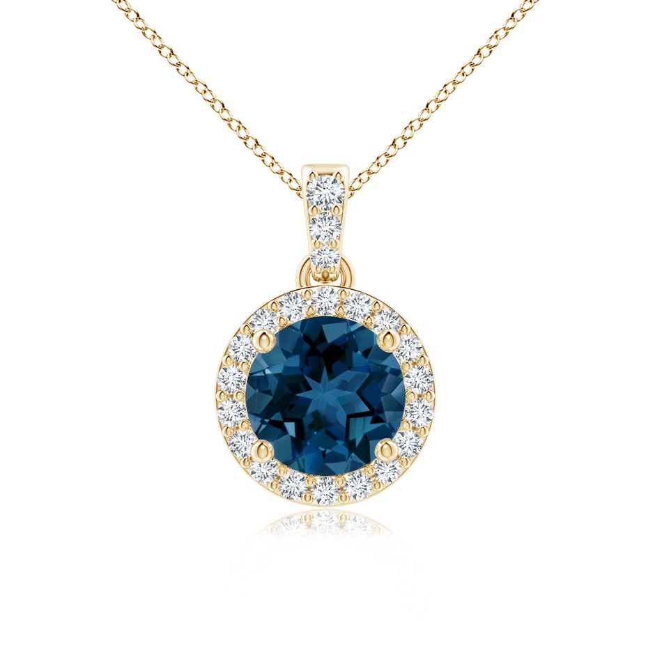 6mm AAA Round London Blue Topaz Dangle Pendant with Diamond Halo in Yellow Gold 