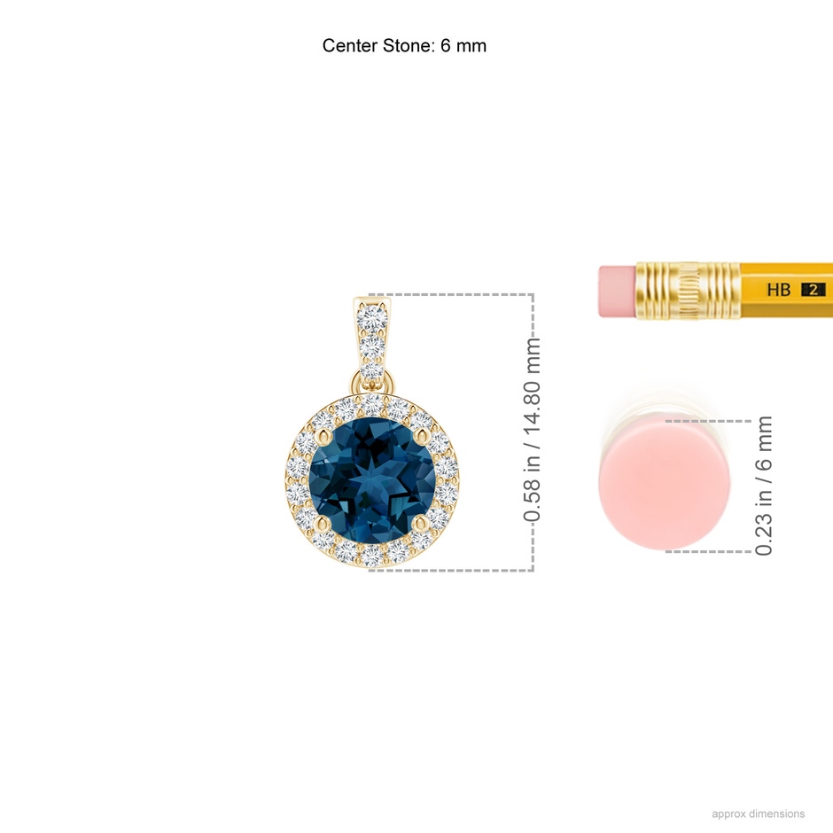 6mm AAA Round London Blue Topaz Dangle Pendant with Diamond Halo in Yellow Gold ruler