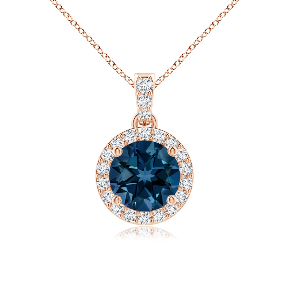 6mm AAAA Round London Blue Topaz Dangle Pendant with Diamond Halo in Rose Gold 