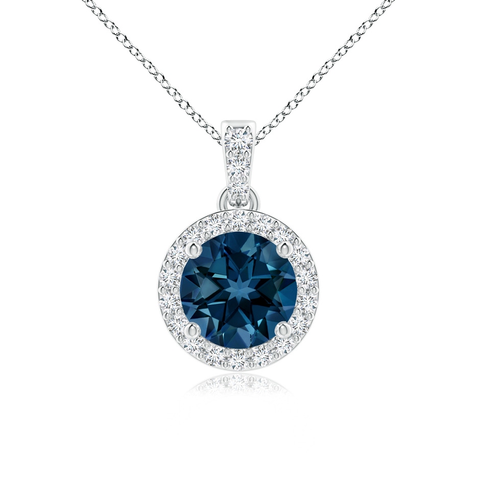 6mm AAAA Round London Blue Topaz Dangle Pendant with Diamond Halo in White Gold 