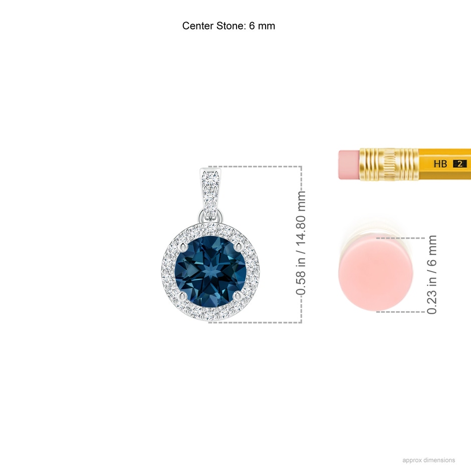6mm AAAA Round London Blue Topaz Dangle Pendant with Diamond Halo in White Gold ruler