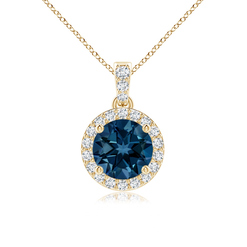 6mm AAAA Round London Blue Topaz Dangle Pendant with Diamond Halo in Yellow Gold 