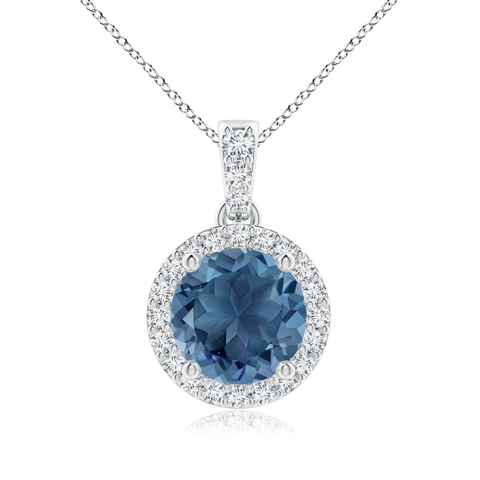 7mm A Round London Blue Topaz Dangle Pendant with Diamond Halo in White Gold 