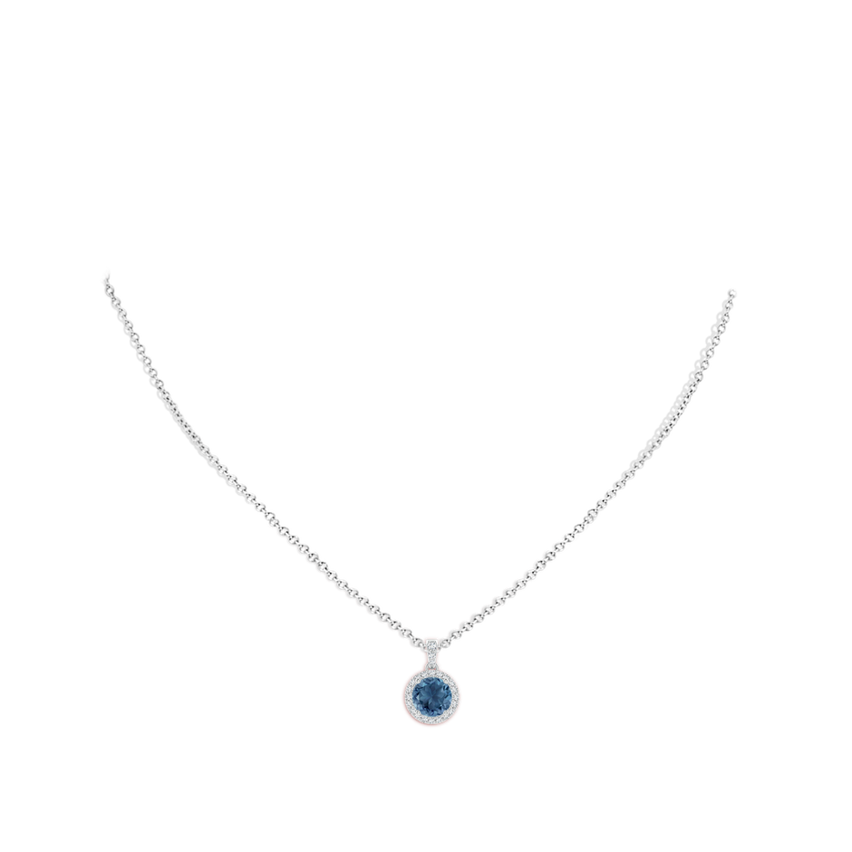 7mm A Round London Blue Topaz Dangle Pendant with Diamond Halo in White Gold body-neck