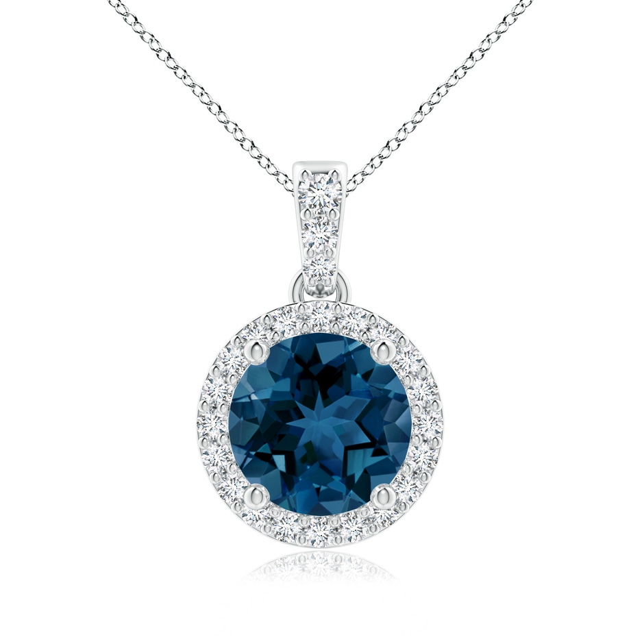 7mm AAA Round London Blue Topaz Dangle Pendant with Diamond Halo in White Gold 
