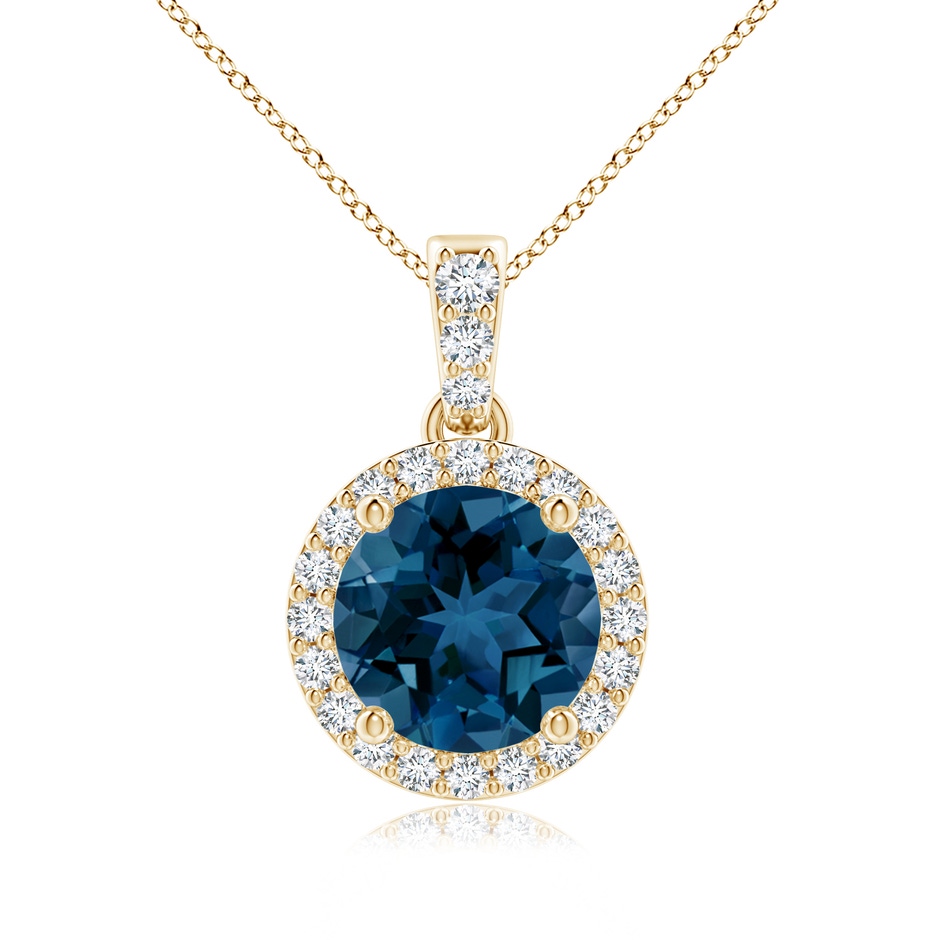 7mm AAA Round London Blue Topaz Dangle Pendant with Diamond Halo in Yellow Gold 