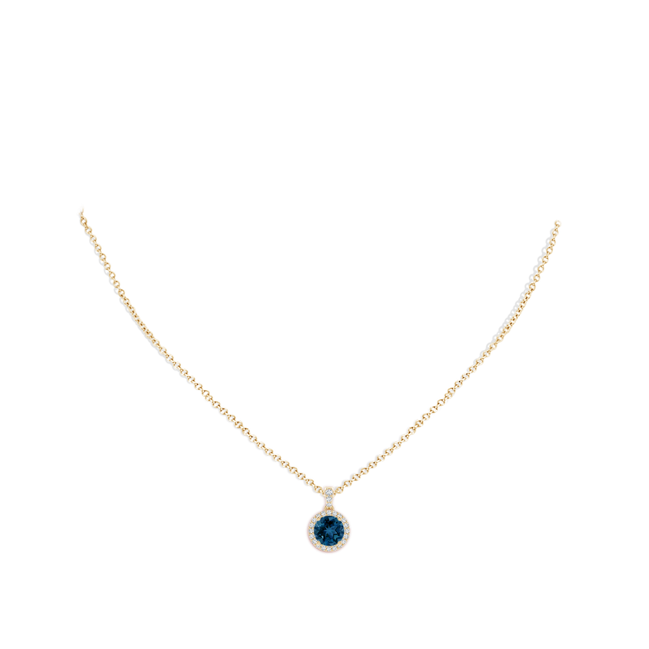 7mm AAA Round London Blue Topaz Dangle Pendant with Diamond Halo in Yellow Gold body-neck
