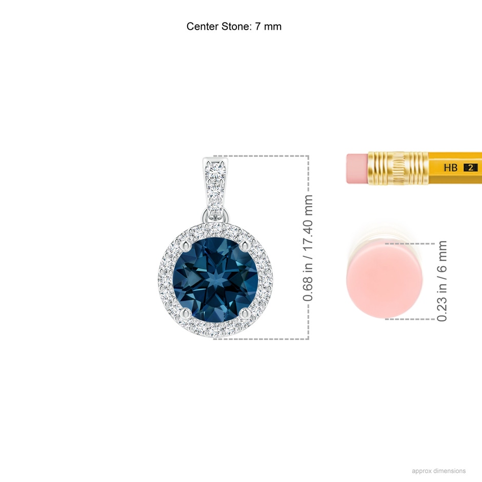 7mm AAAA Round London Blue Topaz Dangle Pendant with Diamond Halo in White Gold ruler