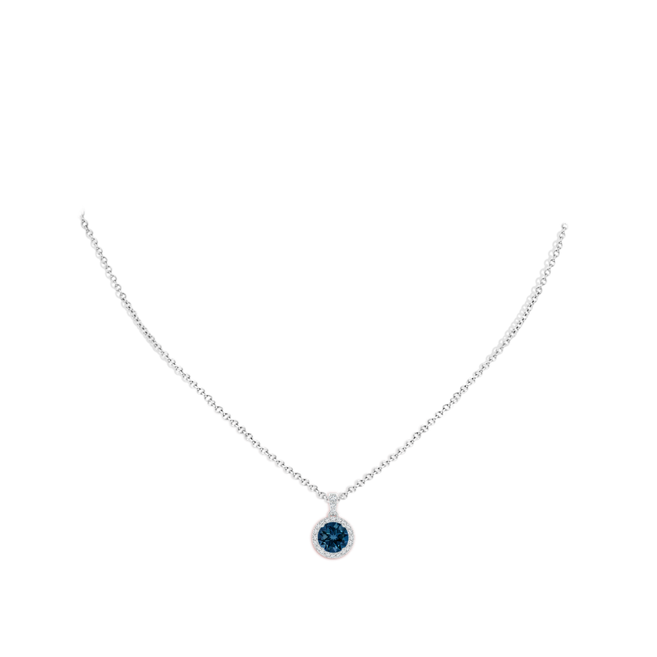 7mm AAAA Round London Blue Topaz Dangle Pendant with Diamond Halo in White Gold body-neck