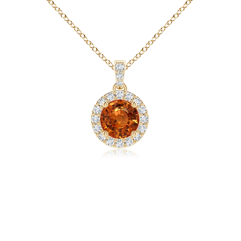 4mm AAAA Round Orange Sapphire Dangle Pendant with Diamond Halo in Yellow Gold