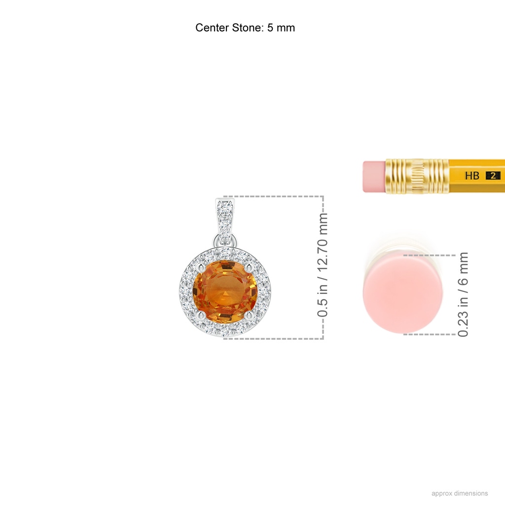 5mm AAA Round Orange Sapphire Dangle Pendant with Diamond Halo in White Gold Ruler