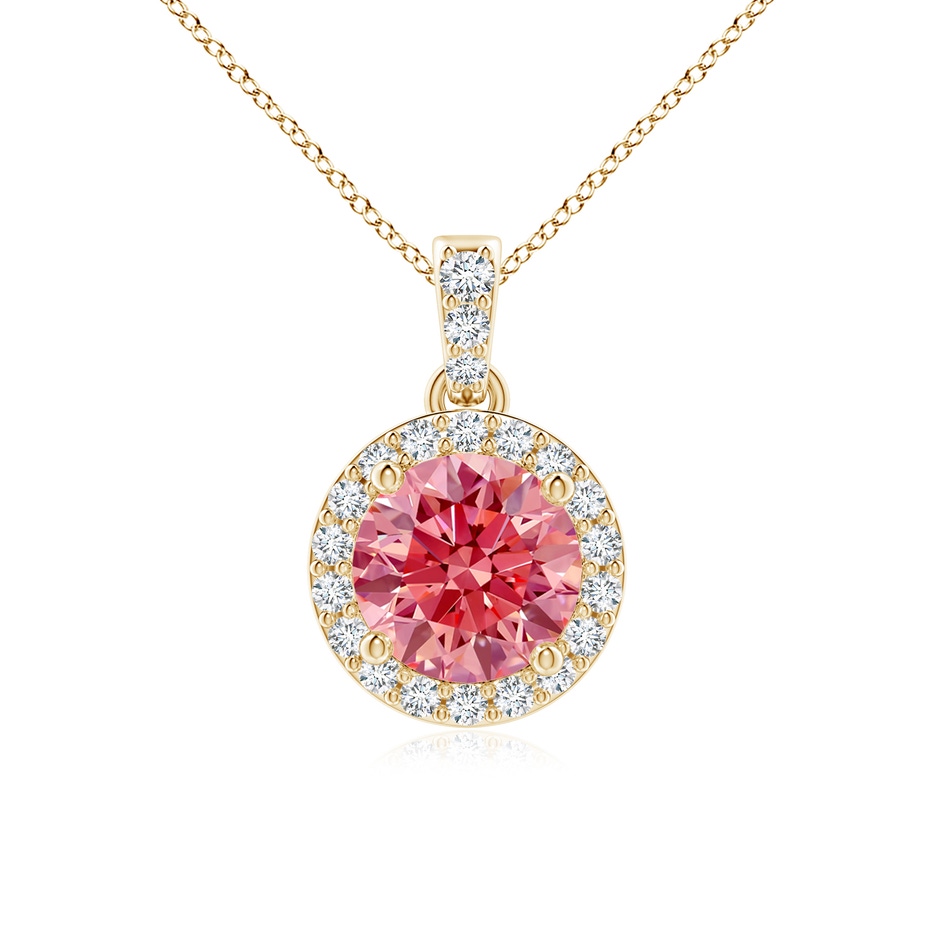 6mm AAAA Round Fancy Intense Pink Diamond Dangle Pendant with Halo in Yellow Gold 
