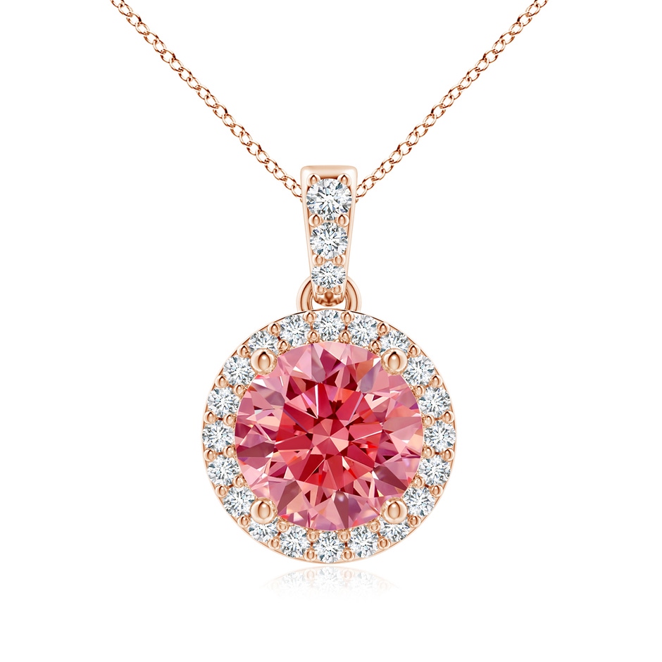 7mm AAAA Round Fancy Intense Pink Diamond Dangle Pendant with Halo in Rose Gold 