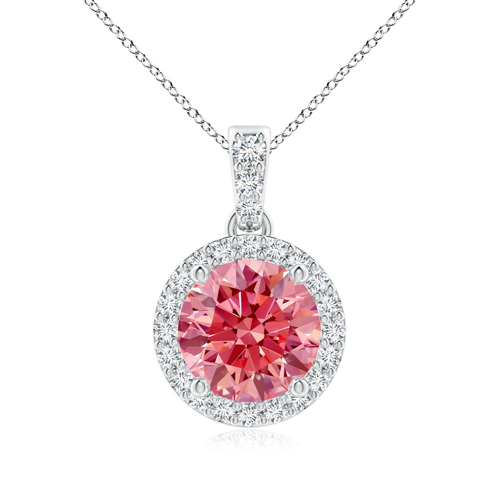 7mm AAAA Round Fancy Intense Pink Diamond Dangle Pendant with Halo in White Gold