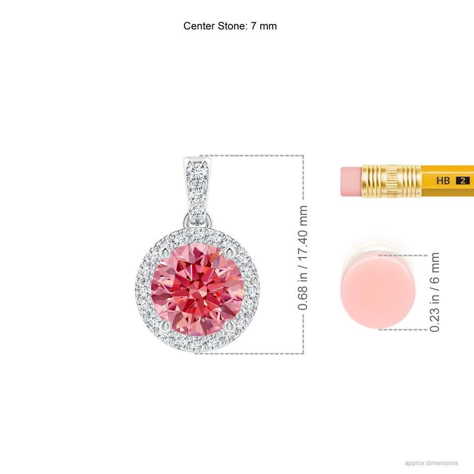 7mm AAAA Round Fancy Intense Pink Diamond Dangle Pendant with Halo in White Gold ruler