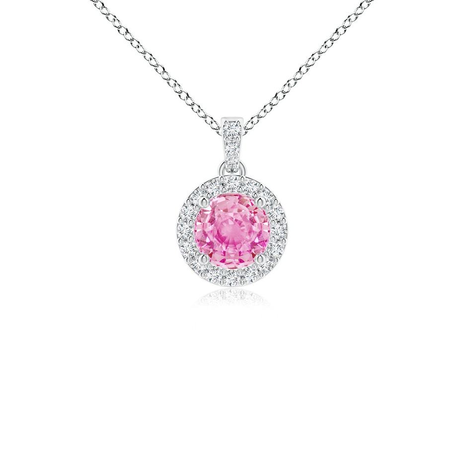 4mm A Round Pink Sapphire Dangle Pendant with Diamond Halo in White Gold 