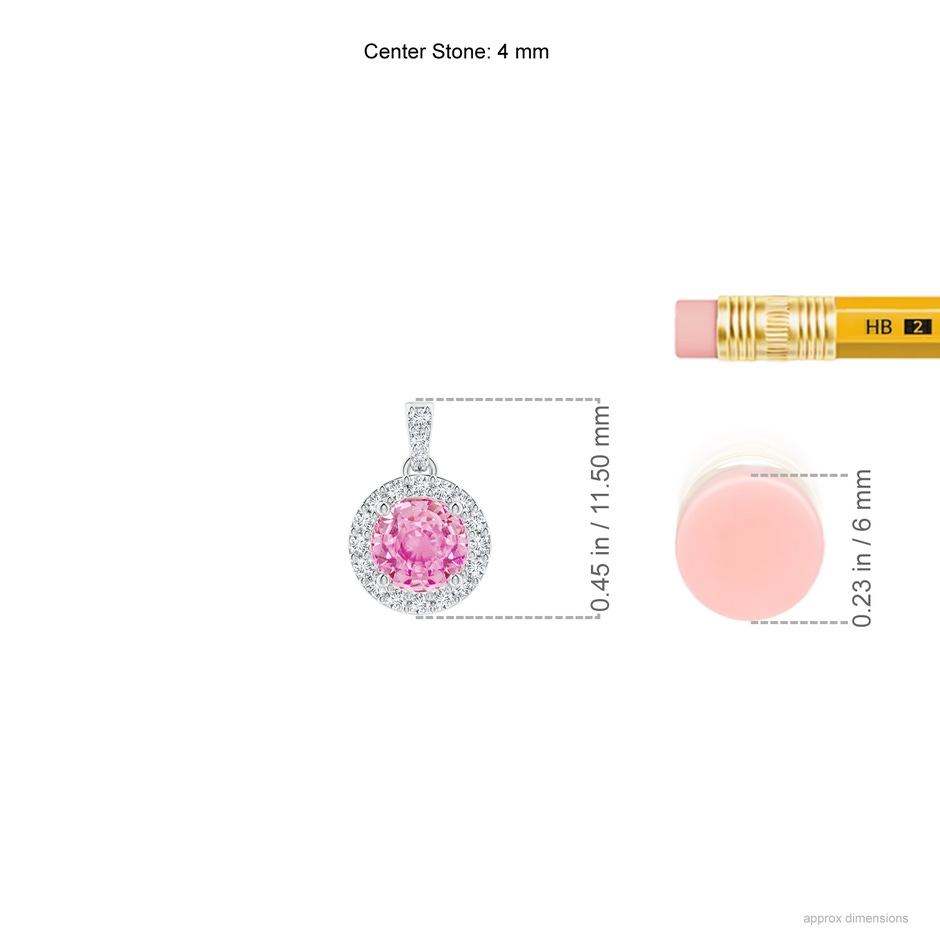 4mm A Round Pink Sapphire Dangle Pendant with Diamond Halo in White Gold ruler