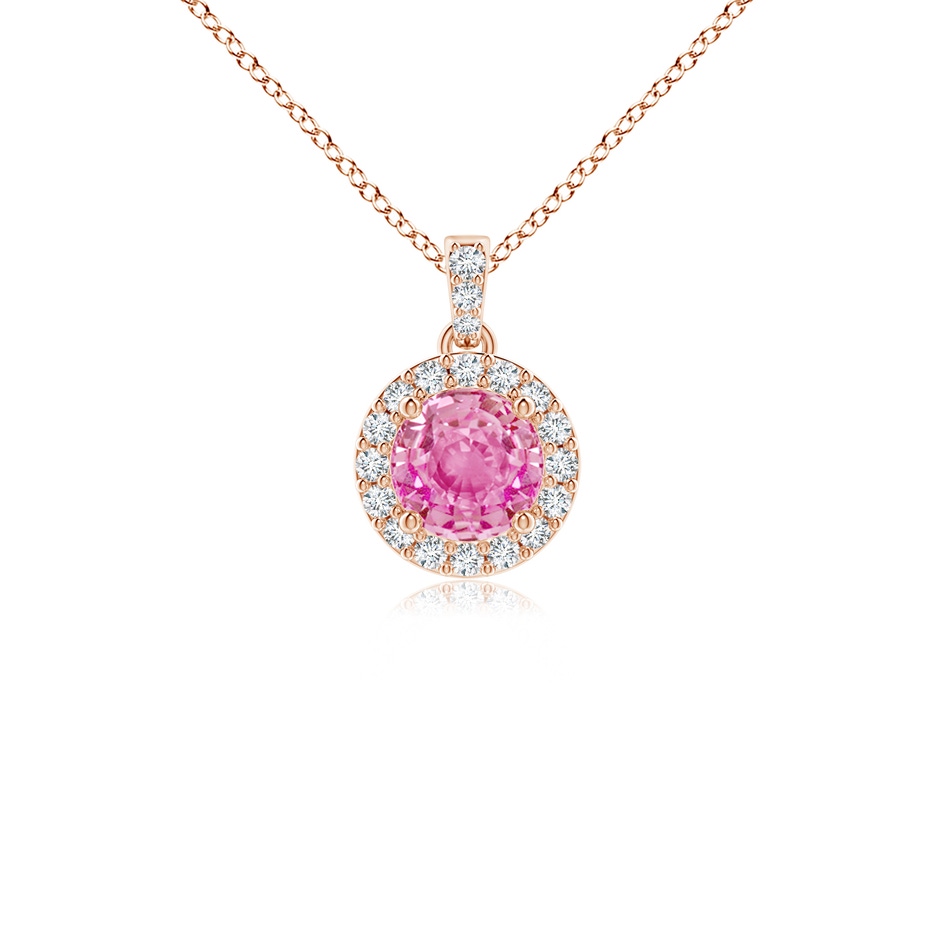 4mm AA Round Pink Sapphire Dangle Pendant with Diamond Halo in 9K Rose Gold 