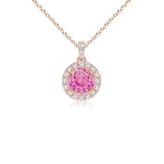 4mm AA Round Pink Sapphire Dangle Pendant with Diamond Halo in Rose Gold