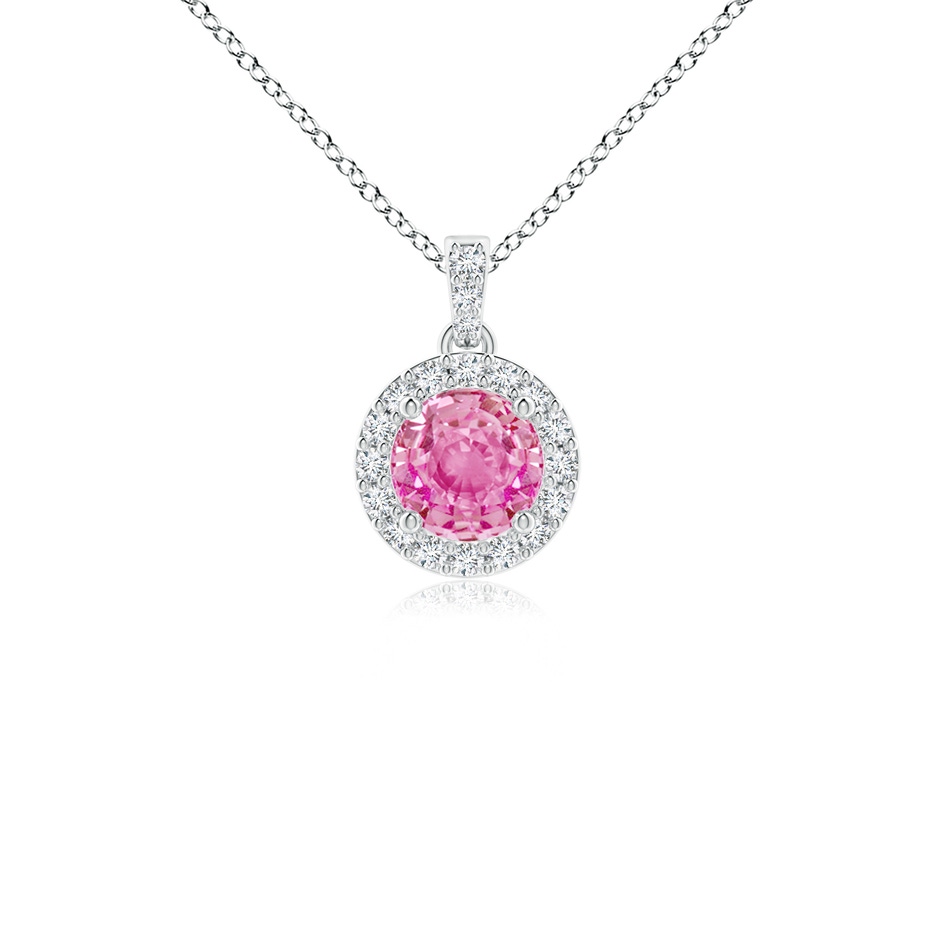 4mm AA Round Pink Sapphire Dangle Pendant with Diamond Halo in White Gold 