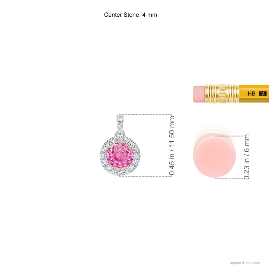 4mm AA Round Pink Sapphire Dangle Pendant with Diamond Halo in White Gold ruler