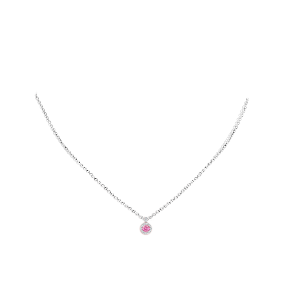 4mm AA Round Pink Sapphire Dangle Pendant with Diamond Halo in White Gold body-neck