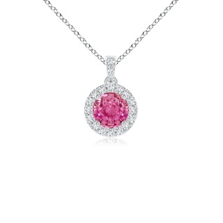 4mm AAA Round Pink Sapphire Dangle Pendant with Diamond Halo in 9K White Gold