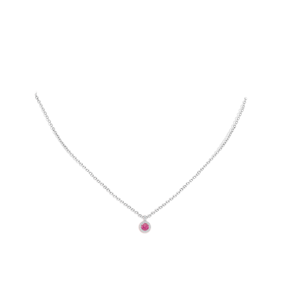 4mm AAA Round Pink Sapphire Dangle Pendant with Diamond Halo in P950 Platinum body-neck