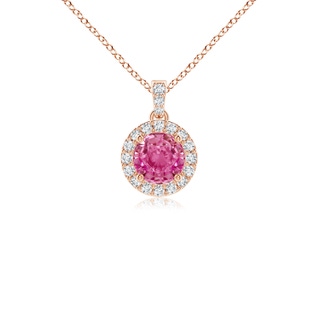 4mm AAA Round Pink Sapphire Dangle Pendant with Diamond Halo in Rose Gold