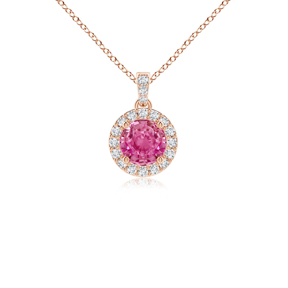 4mm AAA Round Pink Sapphire Dangle Pendant with Diamond Halo in Rose Gold 