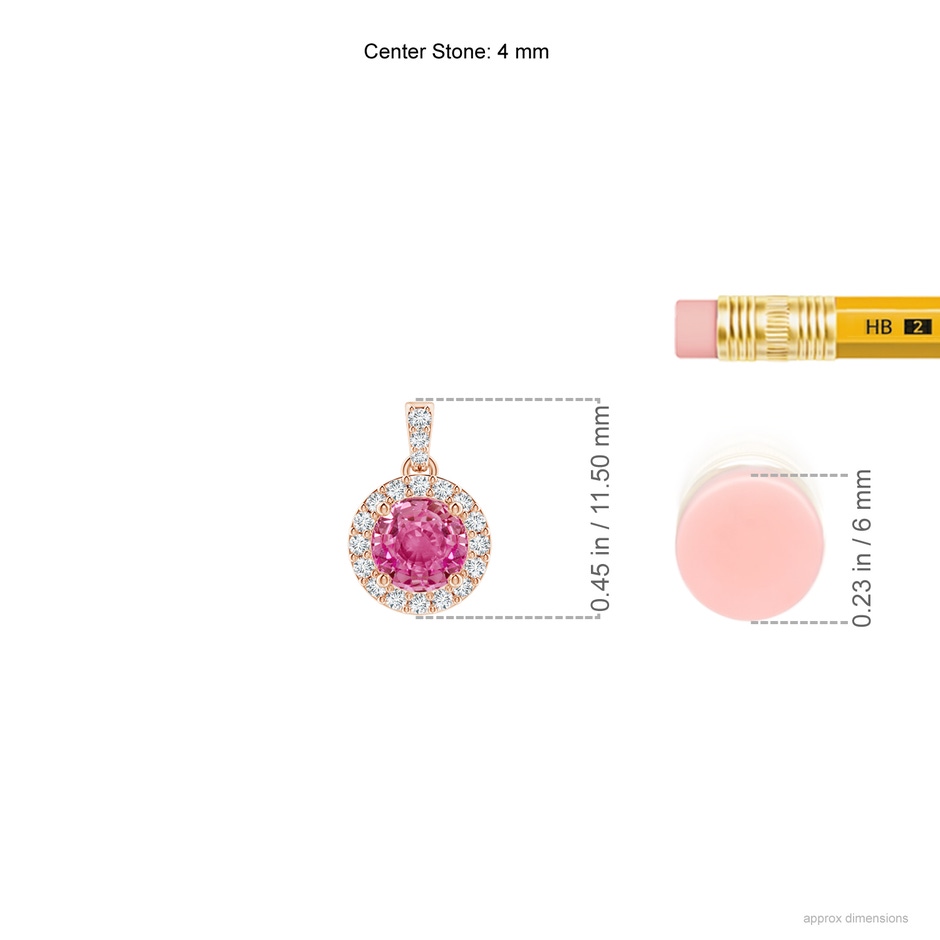 4mm AAA Round Pink Sapphire Dangle Pendant with Diamond Halo in Rose Gold ruler