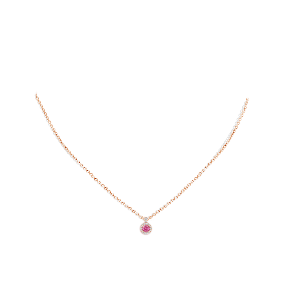 4mm AAA Round Pink Sapphire Dangle Pendant with Diamond Halo in Rose Gold body-neck