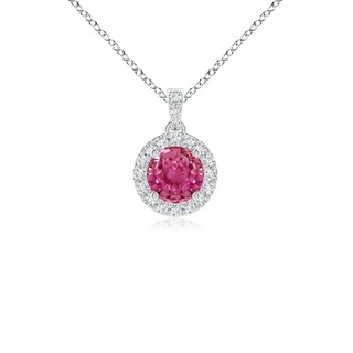 4mm AAAA Round Pink Sapphire Dangle Pendant with Diamond Halo in 9K White Gold