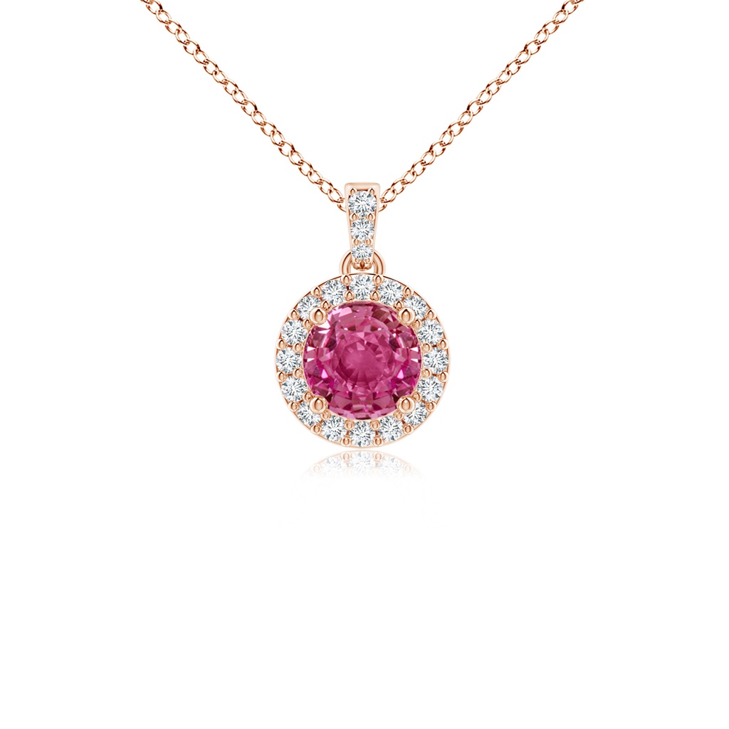 4mm AAAA Round Pink Sapphire Dangle Pendant with Diamond Halo in Rose Gold