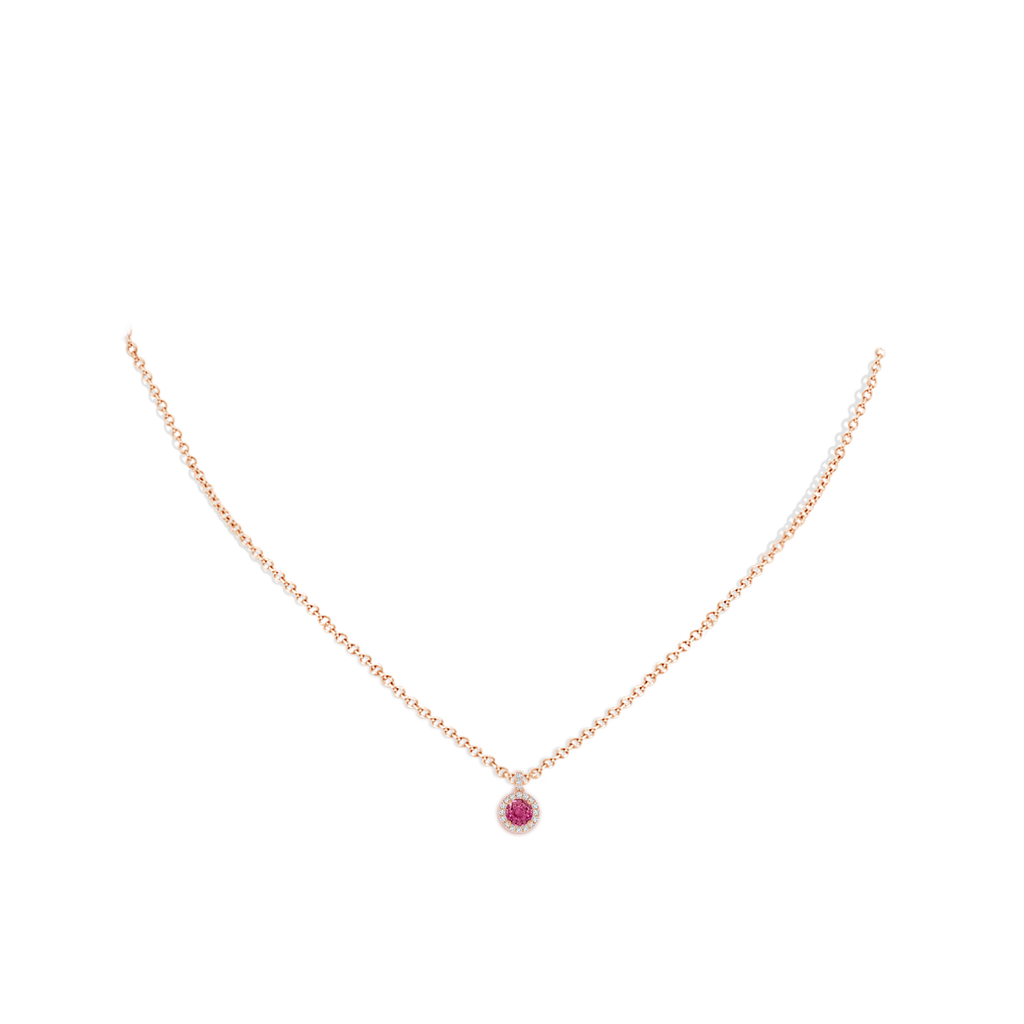 4mm AAAA Round Pink Sapphire Dangle Pendant with Diamond Halo in Rose Gold Body-Neck