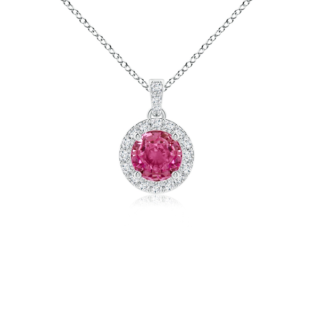 4mm AAAA Round Pink Sapphire Dangle Pendant with Diamond Halo in White Gold