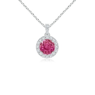 4mm AAAA Round Pink Sapphire Dangle Pendant with Diamond Halo in White Gold