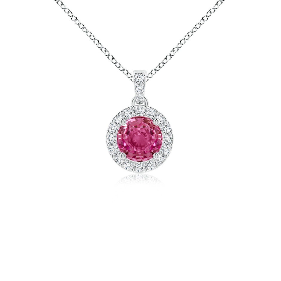 4mm AAAA Round Pink Sapphire Dangle Pendant with Diamond Halo in White Gold 