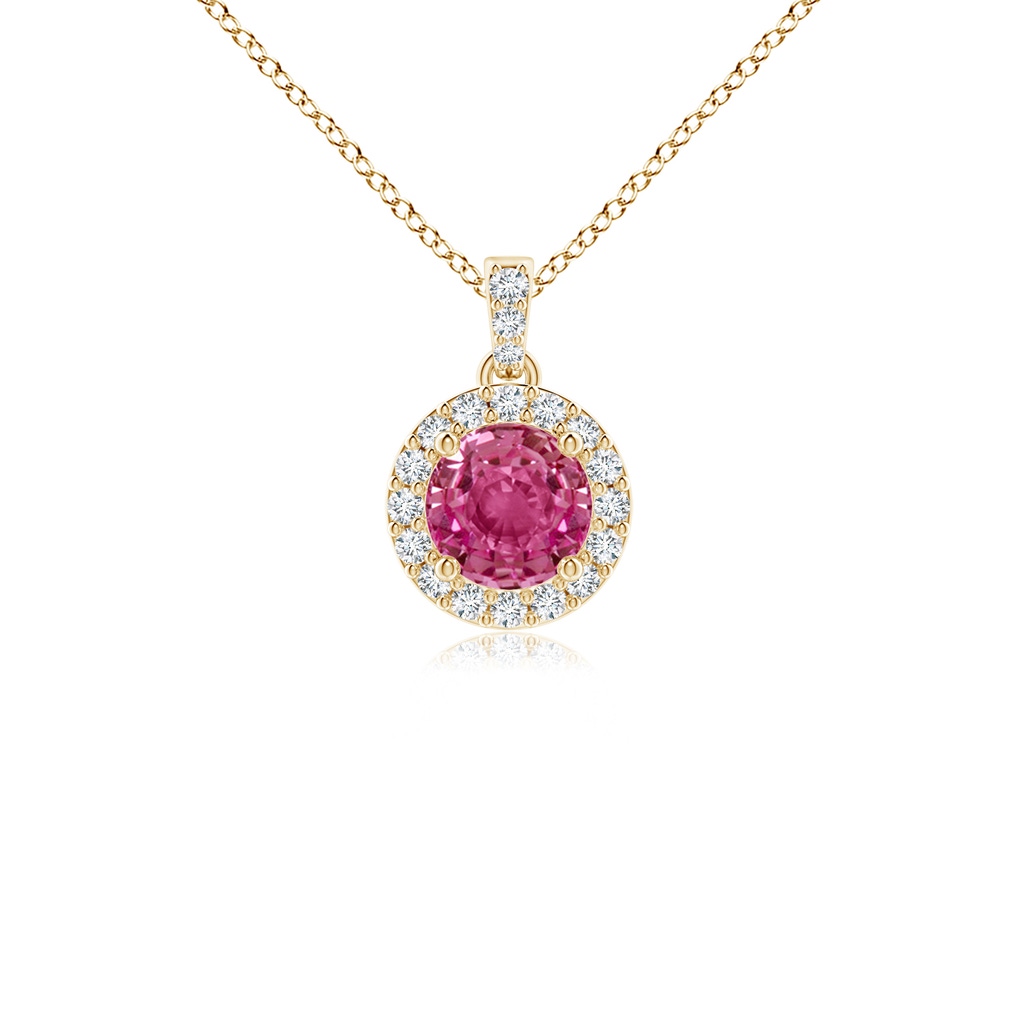 4mm AAAA Round Pink Sapphire Dangle Pendant with Diamond Halo in Yellow Gold