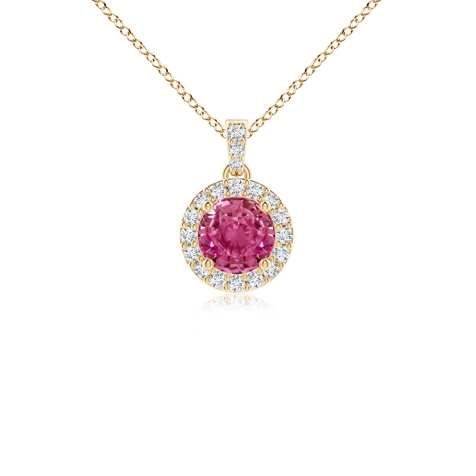 4mm AAAA Round Pink Sapphire Dangle Pendant with Diamond Halo in Yellow Gold 