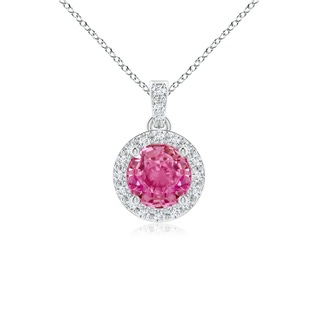 5mm AAA Round Pink Sapphire Dangle Pendant with Diamond Halo in White Gold
