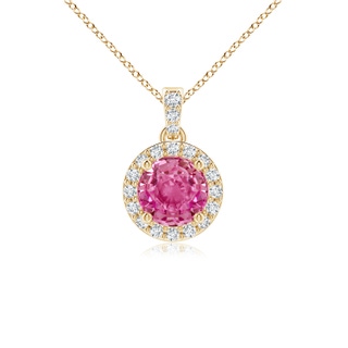 5mm AAA Round Pink Sapphire Dangle Pendant with Diamond Halo in Yellow Gold