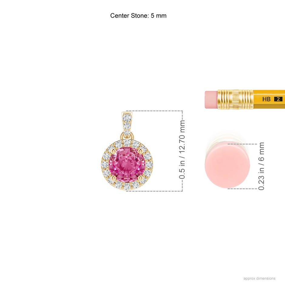 5mm AAA Round Pink Sapphire Dangle Pendant with Diamond Halo in Yellow Gold ruler