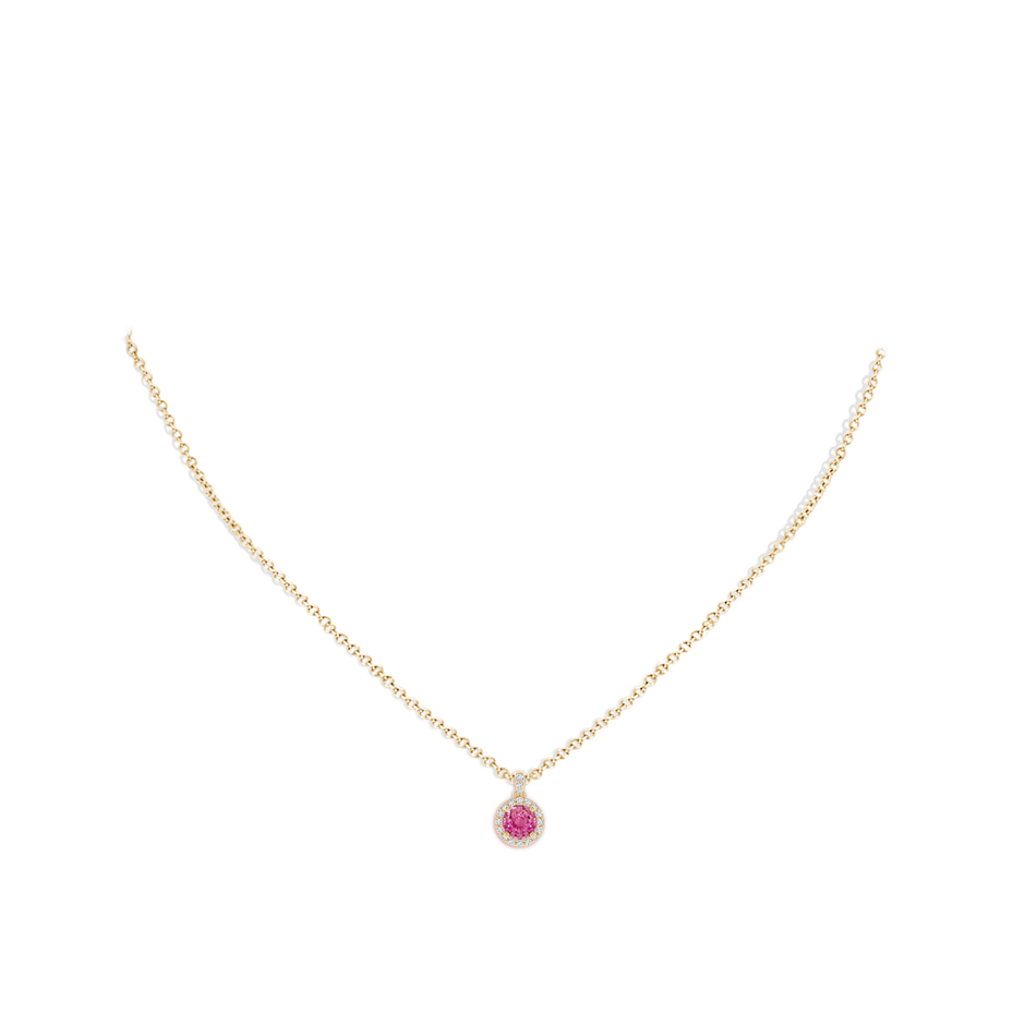 5mm AAA Round Pink Sapphire Dangle Pendant with Diamond Halo in Yellow Gold body-neck