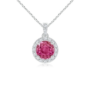 5mm AAAA Round Pink Sapphire Dangle Pendant with Diamond Halo in P950 Platinum